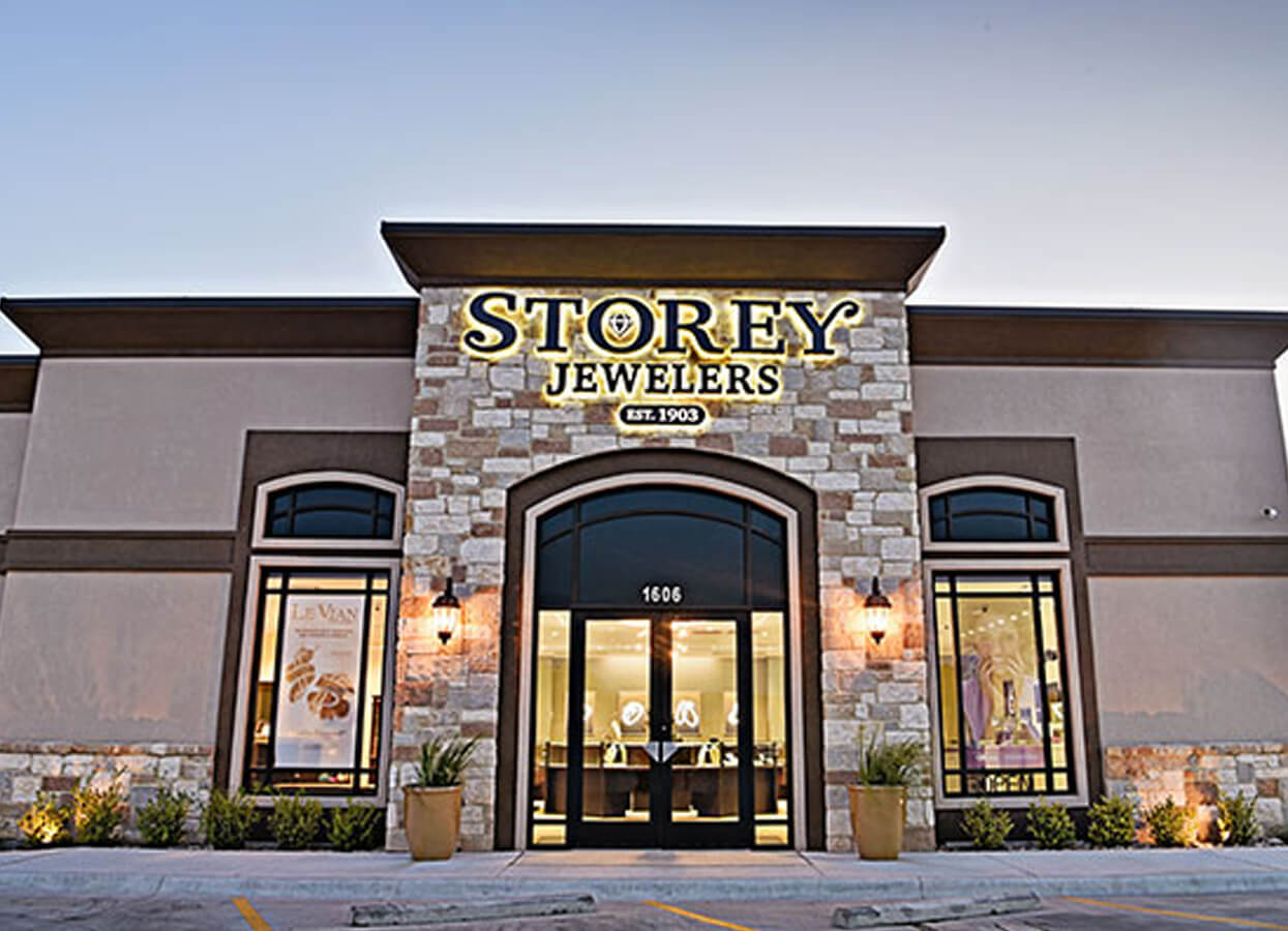 Showing the exterior of Storey Jewelers.